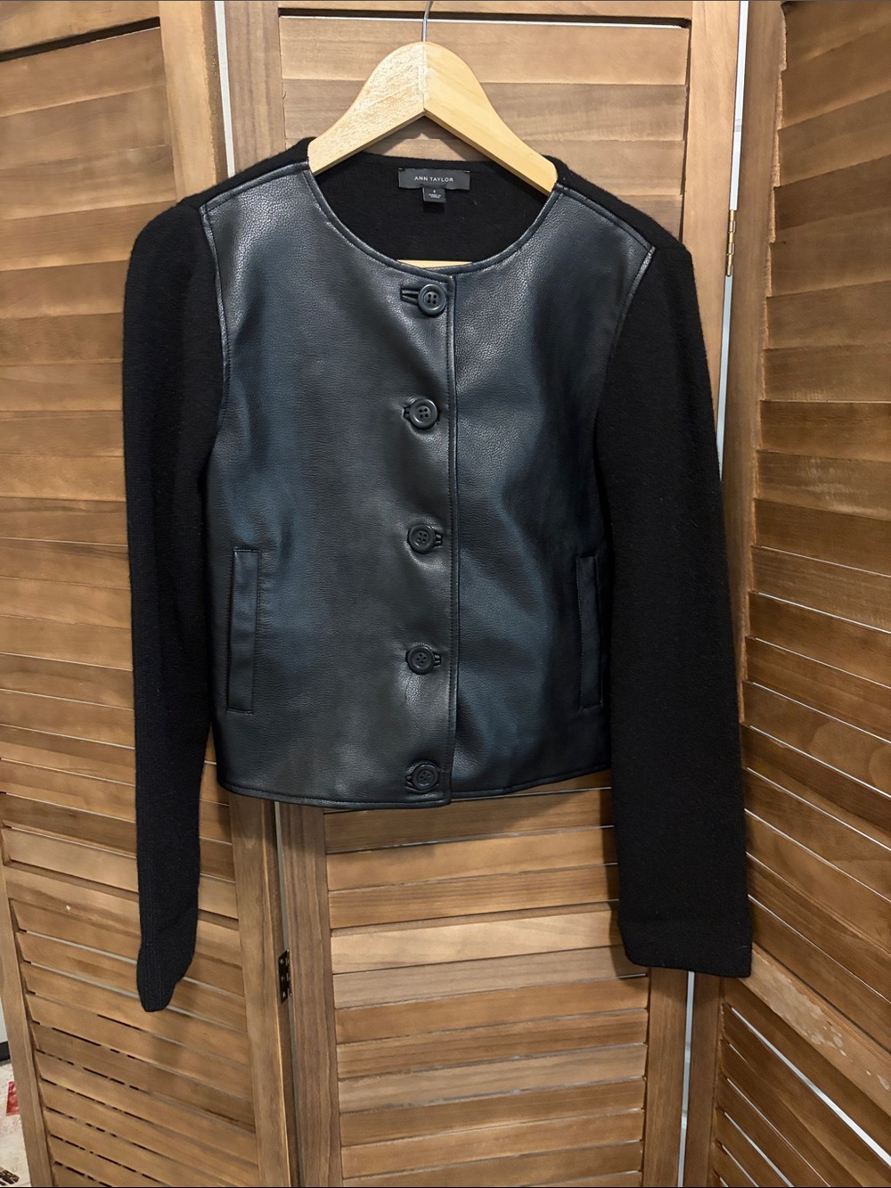 Ann Taylor Black Leather and Knit Sleeve Button Jacket